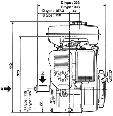 Schita motor Subaru EH 25, vedere laterală