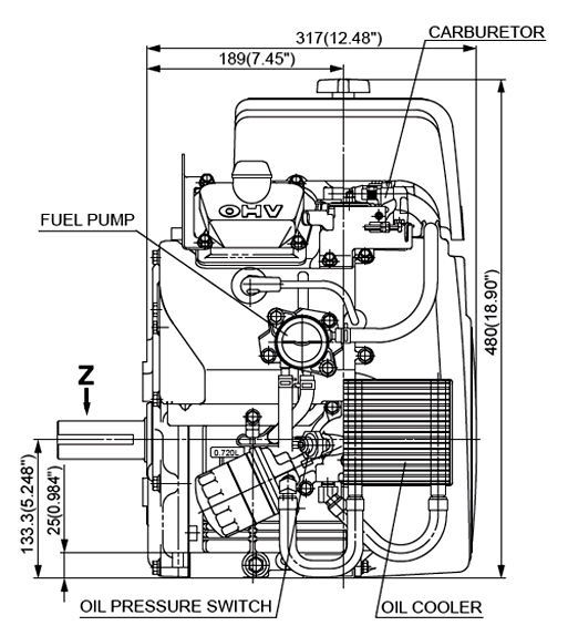 Schita motor Subaru EH72, vedere laterala